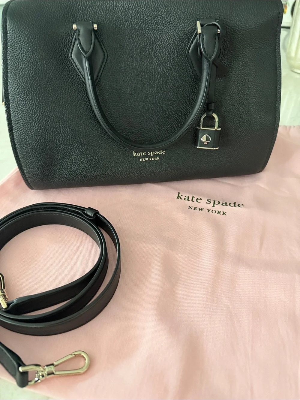Kate Spade Black Pebbled Leather Satchel with Lock Charm